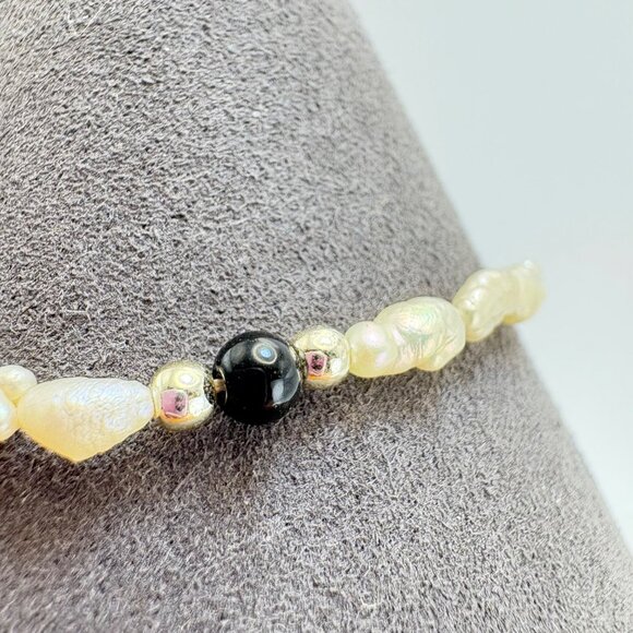 Biwa Pearl Cabochon Black Onyx Beaded Bracelet Spring Ring Clasp 7.25" Length - Picture 6 of 11
